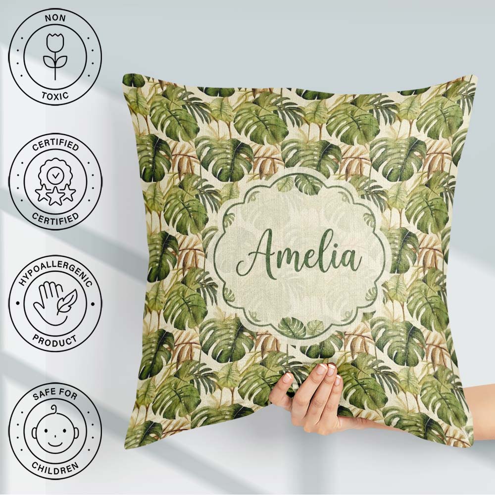Custom Name Earthy Botanical Monstera Leaves with Branch Details Square Filled Cushion Throw Pillow Sofa Bed Home Decor Zip Washable UK Made