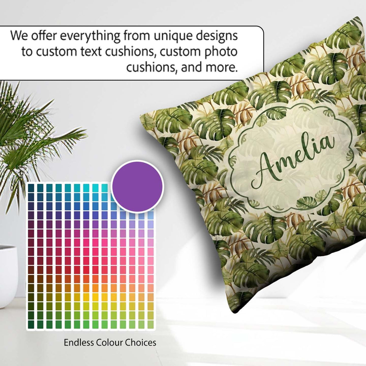 Custom Name Earthy Botanical Monstera Leaves with Branch Details Square Filled Cushion Throw Pillow Sofa Bed Home Decor Zip Washable UK Made