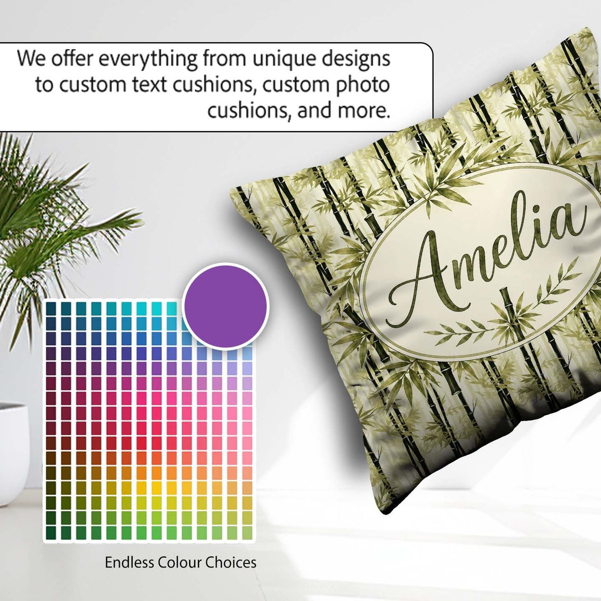 Custom Name Minimal Bamboo Forest in Soft Neutral Tones Seamless Square Filled Cushion Throw Pillow Sofa Bed Home Decor Zip Washable UK Made