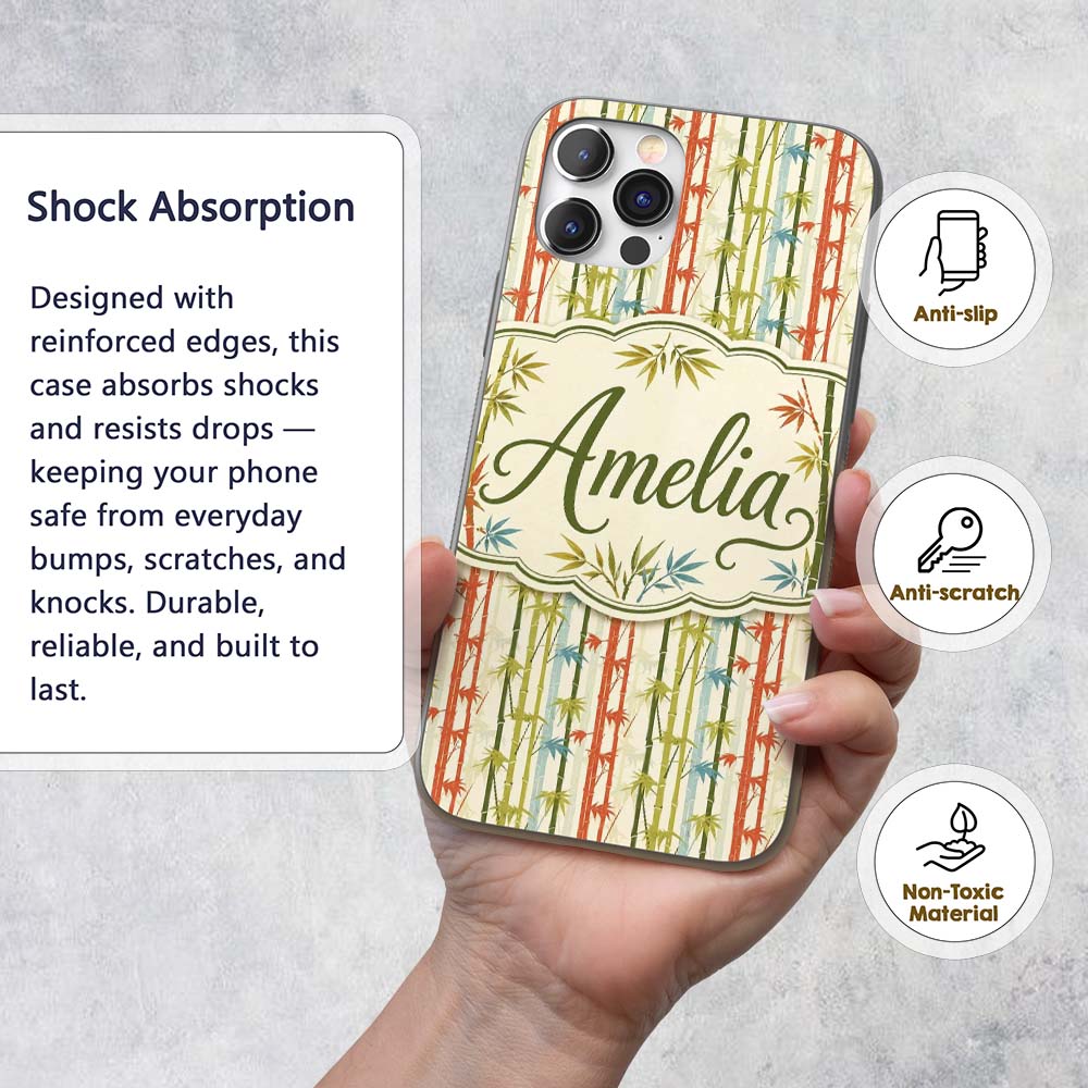 Colorful Bamboo Stalks with Leaves Printed Design Custom Name Protective Phone Case Mobile Cover Durable Everyday Smartphone Shock Resistant