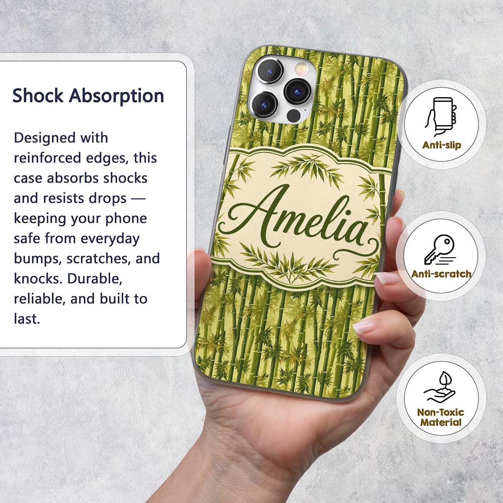 Lush Bamboo Forest with Layered Leaves Natural Custom Name Protective Phone Case Mobile Cover Durable Everyday Smartphone Shock Resistant