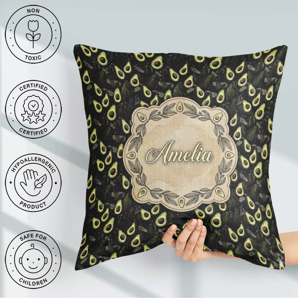 Custom Name Dark Realistic Avocado Fruit Pattern Cute Unique Square Filled Cushion Throw Pillow Sofa Bed Home Decor Zip Washable UK Made