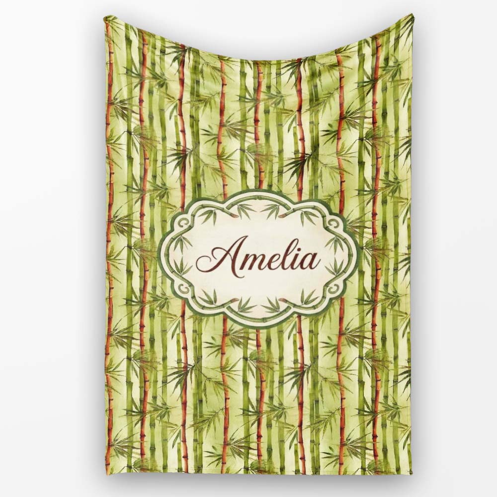 Watercolor Bamboo Forest with Red and Green Stems Natural Seamless Personalised Custom Name Super Soft Fleece Blanket Bed Sofa Throw