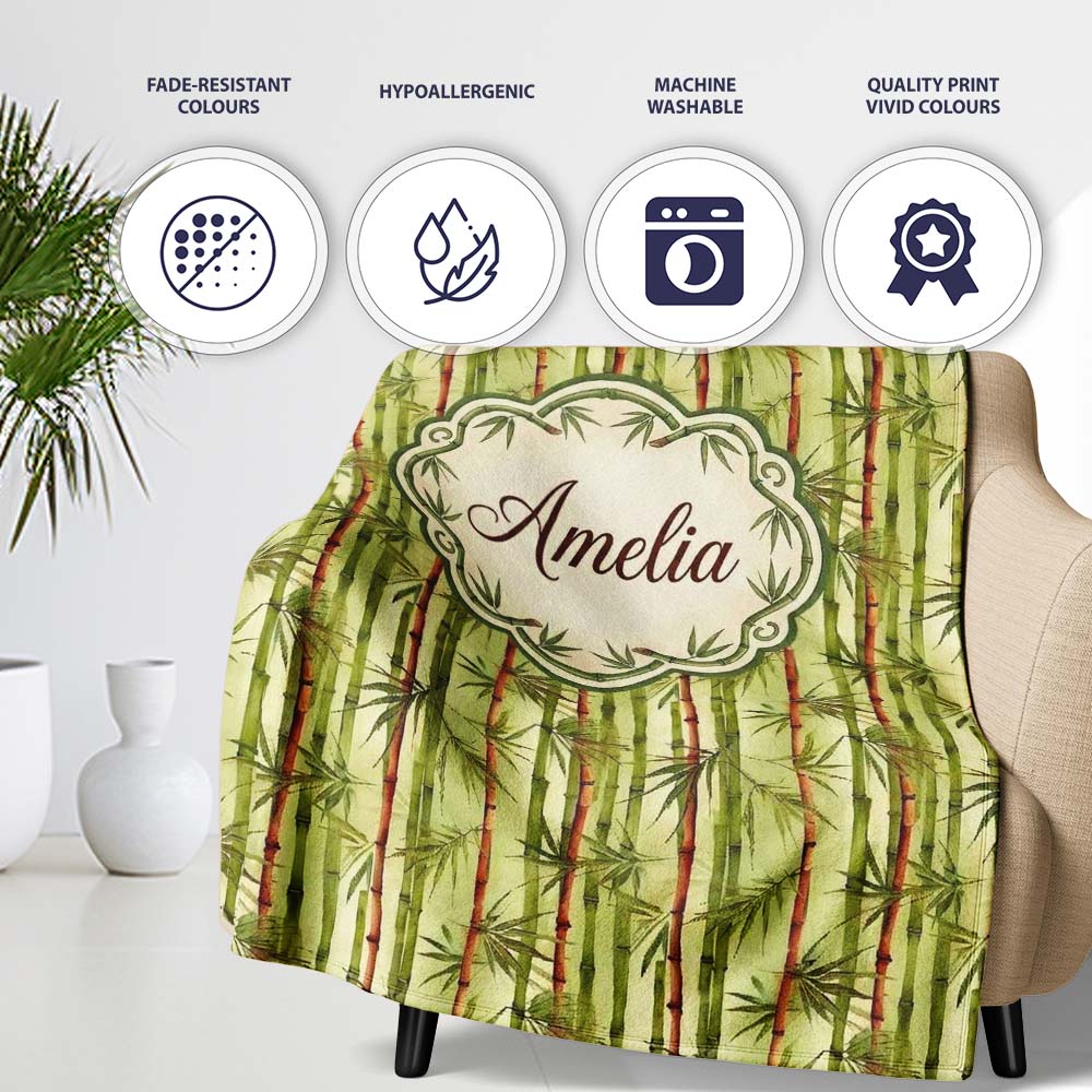 Watercolor Bamboo Forest with Red and Green Stems Natural Seamless Personalised Custom Name Super Soft Fleece Blanket Bed Sofa Throw