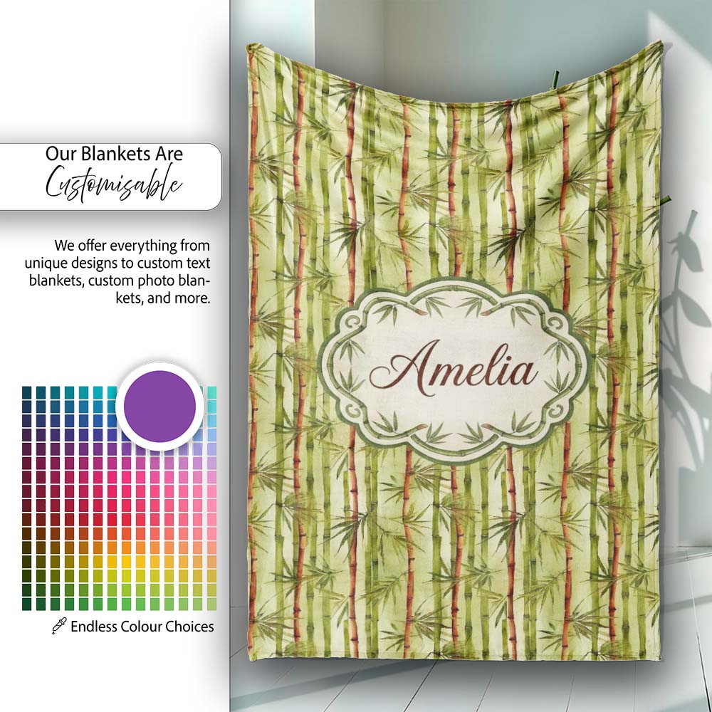 Watercolor Bamboo Forest with Red and Green Stems Natural Seamless Personalised Custom Name Super Soft Fleece Blanket Bed Sofa Throw