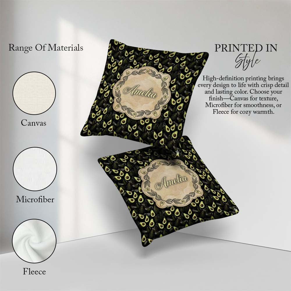 Custom Name Dark Realistic Avocado Fruit Pattern Cute Unique Square Filled Cushion Throw Pillow Sofa Bed Home Decor Zip Washable UK Made