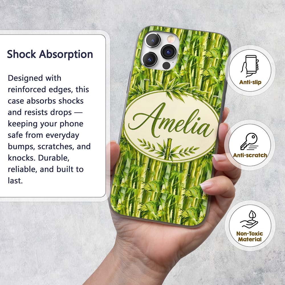 Vibrant Green Bamboo Leaves Dense Jungle Style Custom Name Protective Phone Case Mobile Cover Durable Everyday Smartphone Shock Resistant