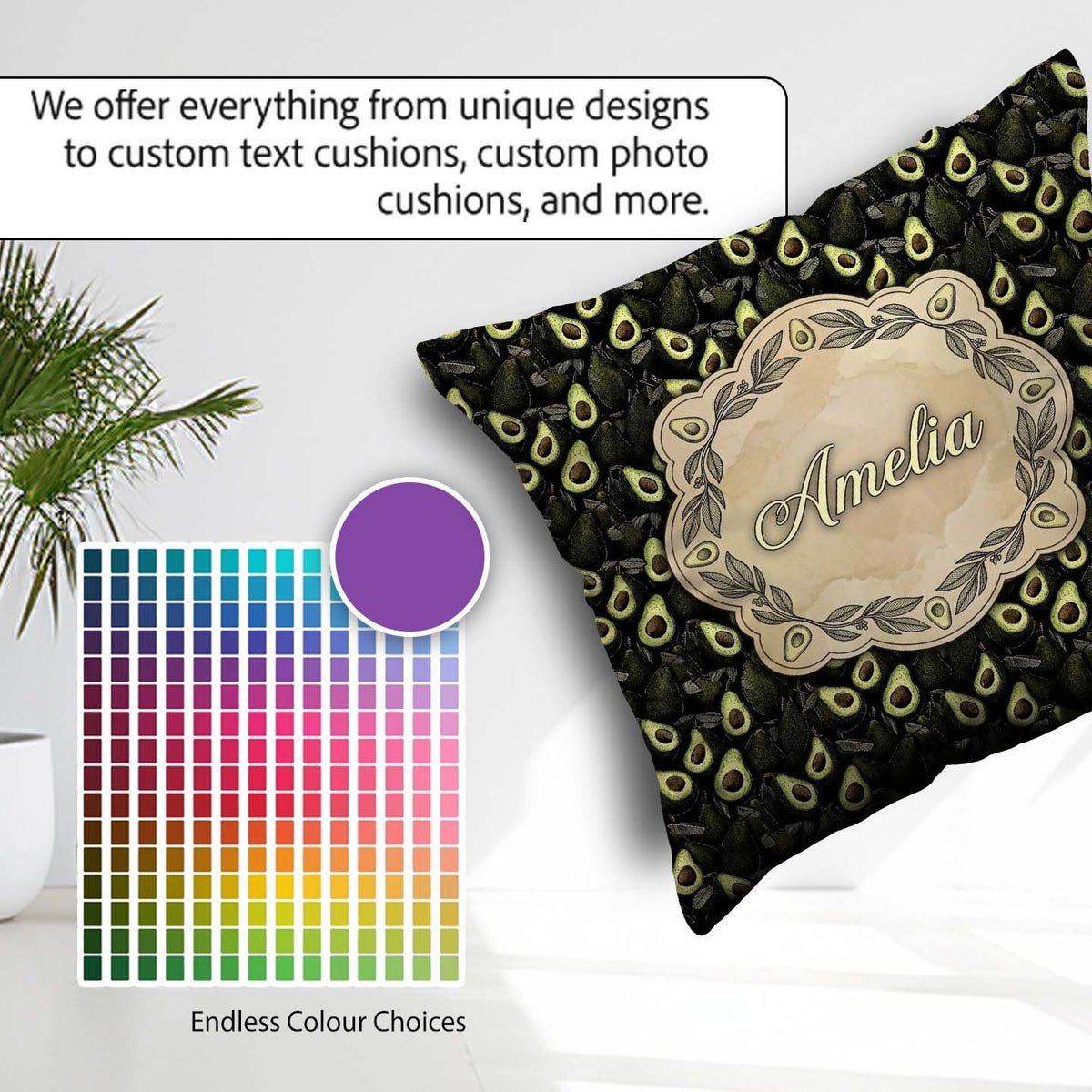 Custom Name Dark Realistic Avocado Fruit Pattern Cute Unique Square Filled Cushion Throw Pillow Sofa Bed Home Decor Zip Washable UK Made