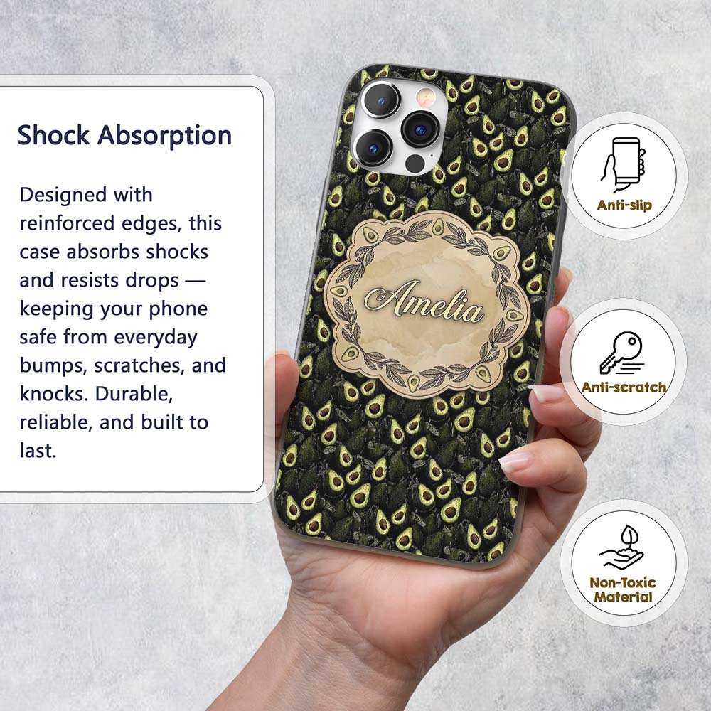 Dark Realistic Avocado Fruit Decorative Design Custom Name Protective Phone Case Mobile Cover Durable Everyday Smartphone Shock Resistant