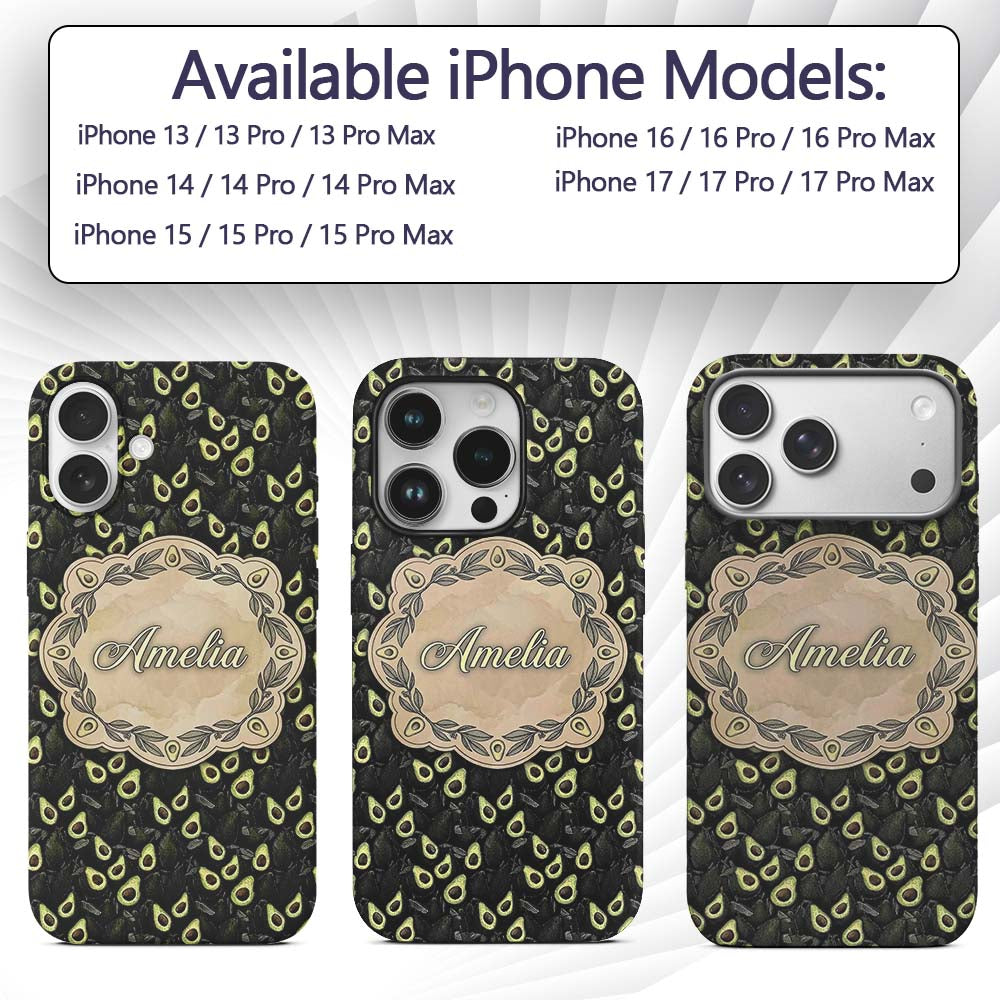 Dark Realistic Avocado Fruit Decorative Design Custom Name Protective Phone Case Mobile Cover Durable Everyday Smartphone Shock Resistant