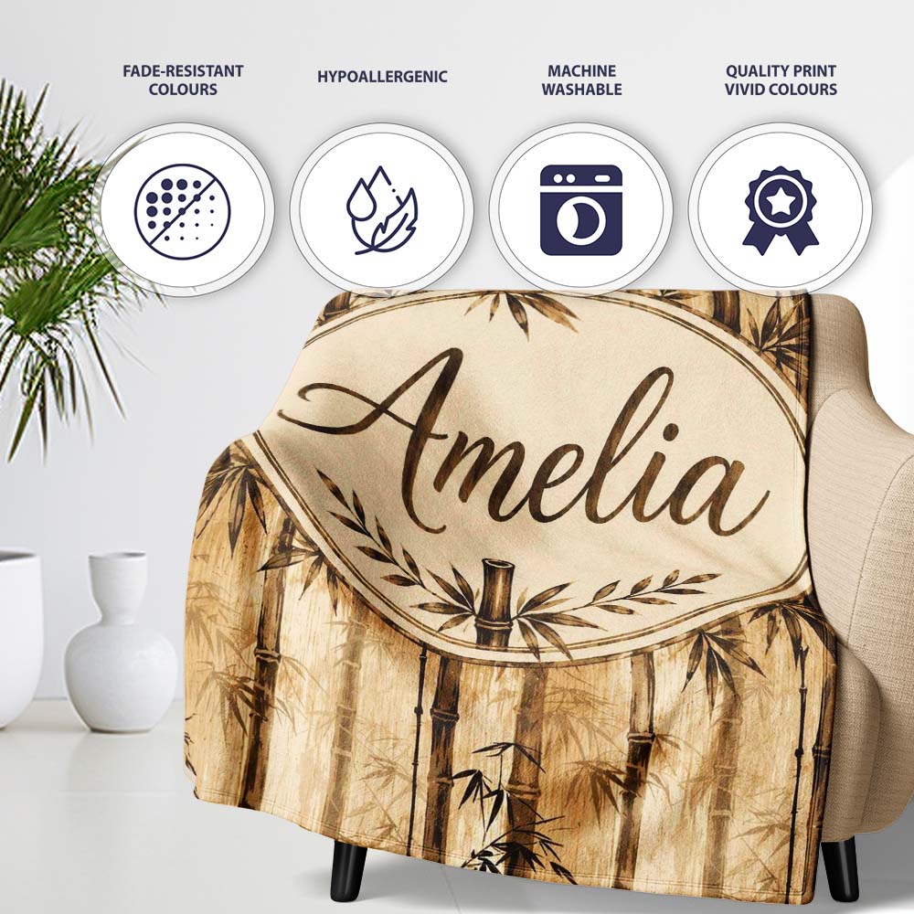 Vintage Sepia Bamboo Forest with Textured Background Seamless Lovely Personalised Custom Name Super Soft Fleece Blanket Bed Sofa Throw