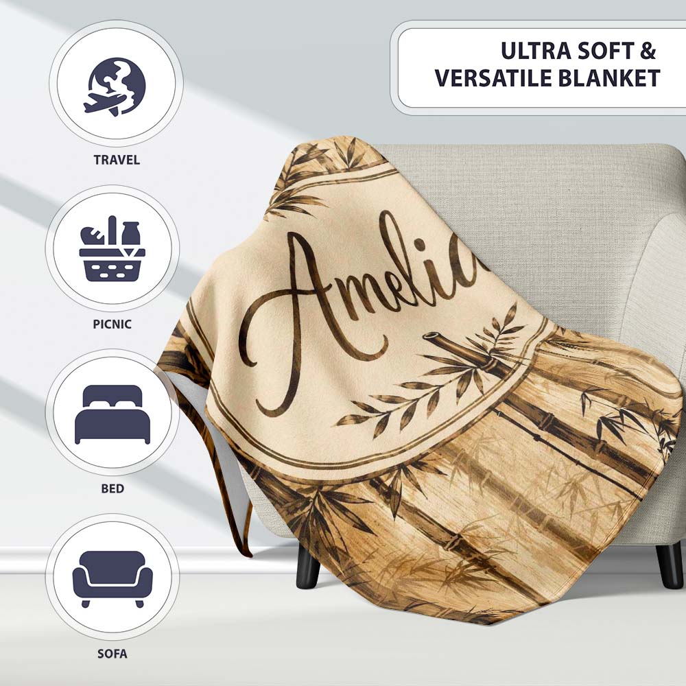 Vintage Sepia Bamboo Forest with Textured Background Seamless Lovely Personalised Custom Name Super Soft Fleece Blanket Bed Sofa Throw