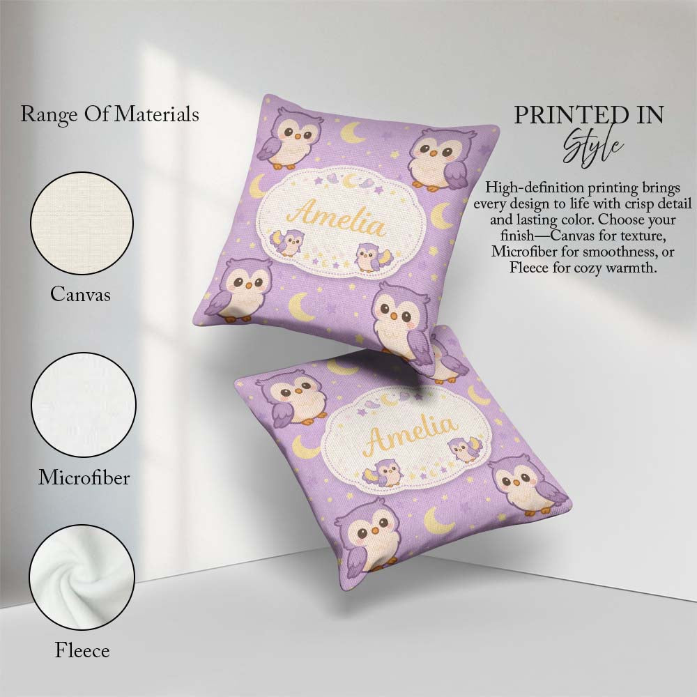 Custom Name Cute Night Owl Moon Cartoon Animal Pattern Decor Square Filled Cushion Throw Pillow Sofa Bed Home Decor Zip Washable UK Made