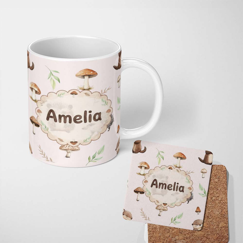 Personalized Custom Name Woodland Hedgehog with Mushrooms Leaves Soft Pink Seamless Pattern 11oz Ceramic Coffee Tea Mug White Large Handle