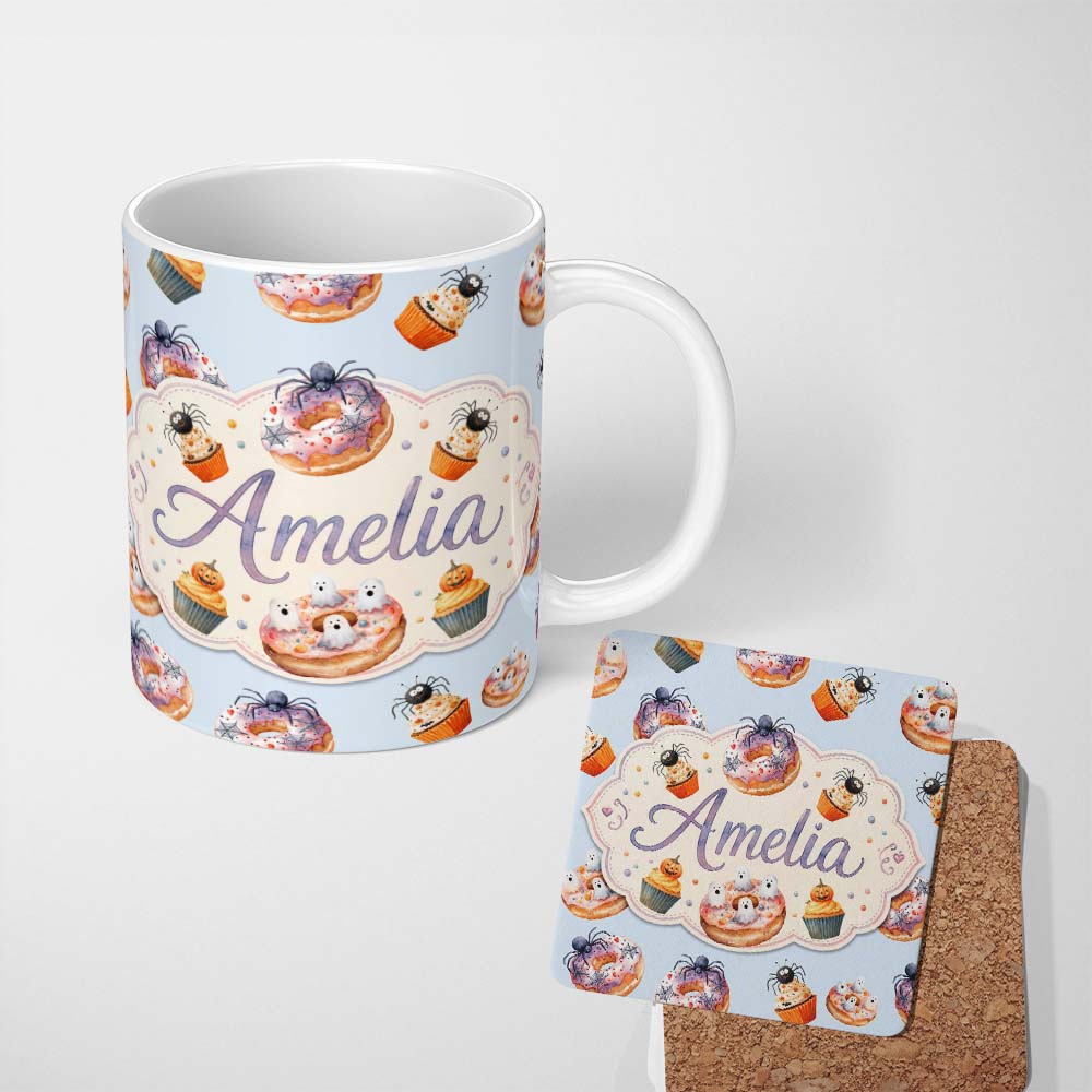 Personalized Custom Name Halloween Donuts Cupcakes and Spiders Seamless Pattern on Blue 11oz Ceramic Coffee Tea Mug White Large Handle