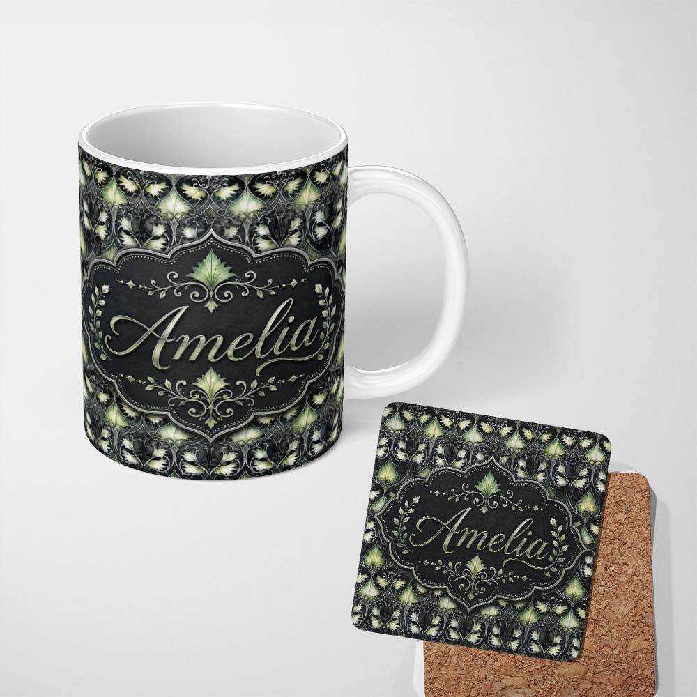 Personalized Custom Name Dark Botanical Art Nouveau Green and Black Seamless Pattern Lovely 11oz Ceramic Coffee Tea Mug White Large Handle