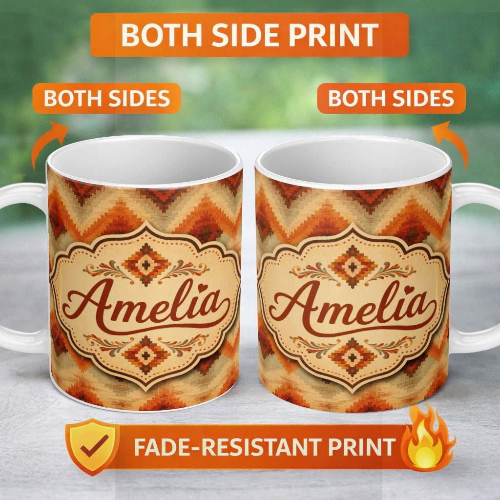 Personalized Custom Name Southwestern Ikat Diamond Pattern in Warm Earth Tones Lovely 11oz Ceramic Coffee Tea Mug White Large Handle