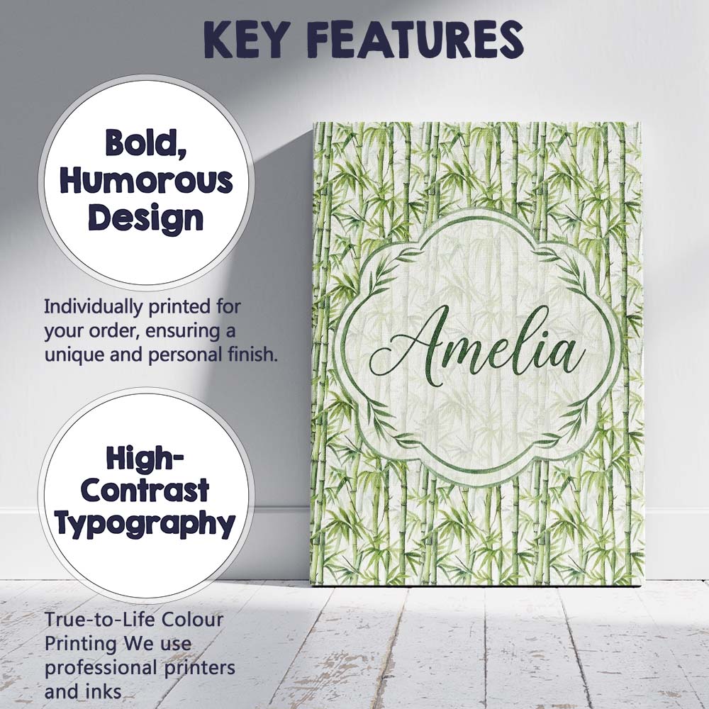Personalised Name Light Green Bamboo Leaves Custom Bespoke Interior Contemporary Canvas Wall Art Print Decor Picture Ready to Hang