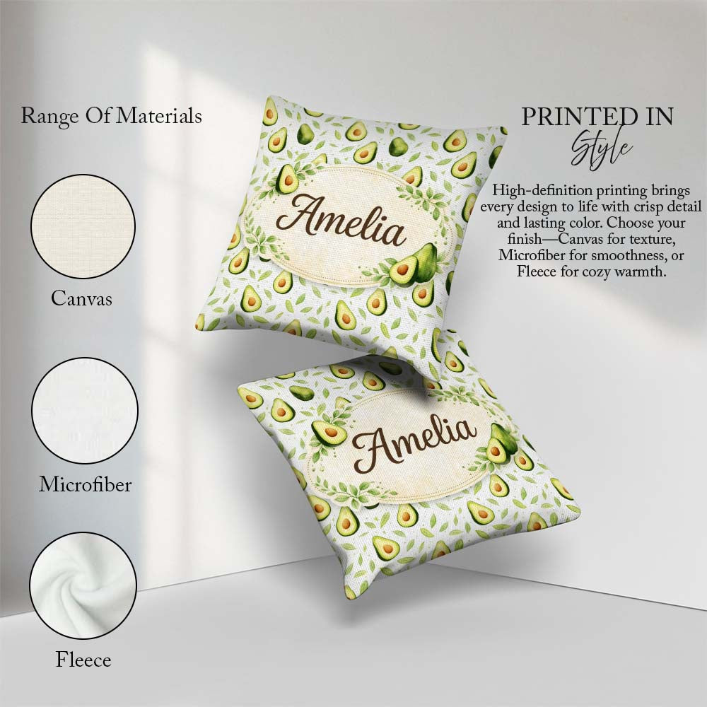 Custom Name Light Botanical Avocado Leaf Pattern Beautiful Cup Square Filled Cushion Throw Pillow Sofa Bed Home Decor Zip Washable UK Made
