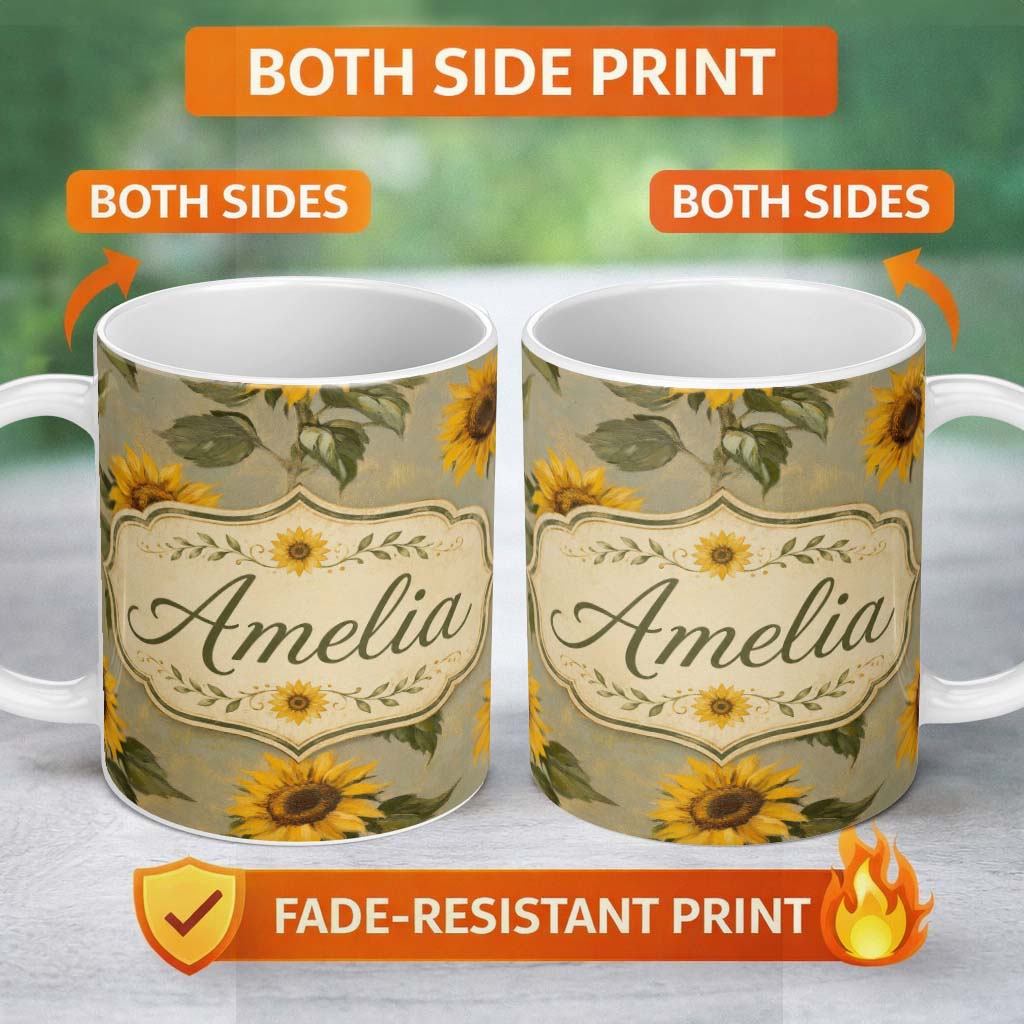 Personalized Custom Name Vintage Sunflower Botanical Rustic Field Seamless Pattern Lovely 11oz Ceramic Coffee Tea Mug White Large Handle