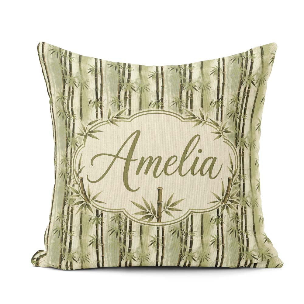 Custom Name Muted Green Bamboo with Layered Forest Depth Pattern Square Filled Cushion Throw Pillow Sofa Bed Home Decor Zip Washable UK Made
