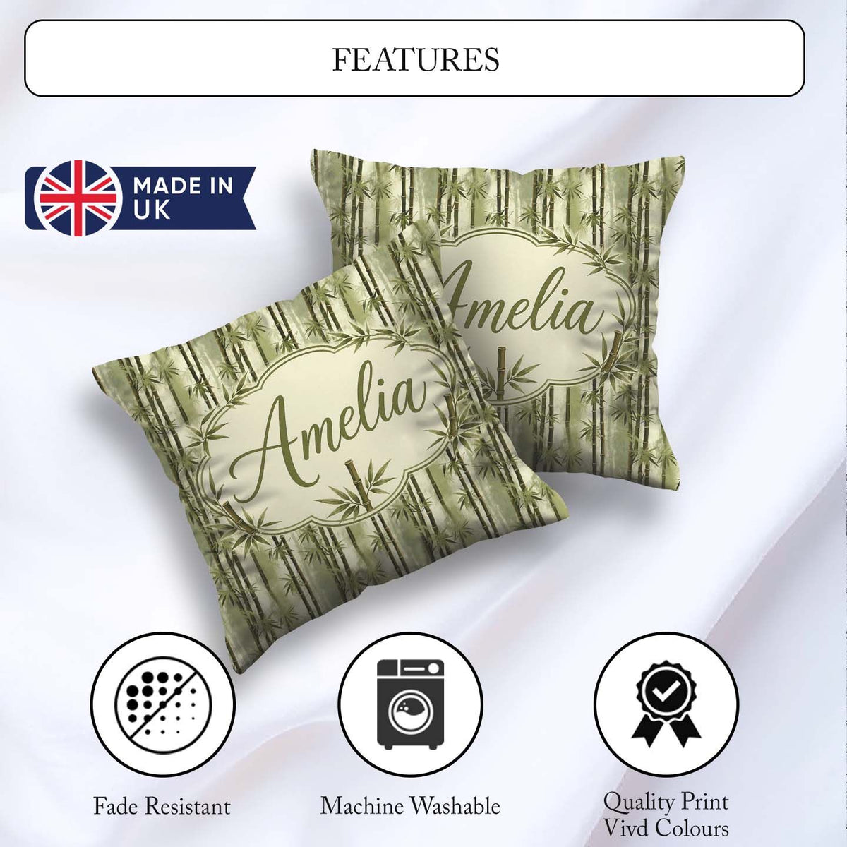 Custom Name Muted Green Bamboo with Layered Forest Depth Pattern Square Filled Cushion Throw Pillow Sofa Bed Home Decor Zip Washable UK Made