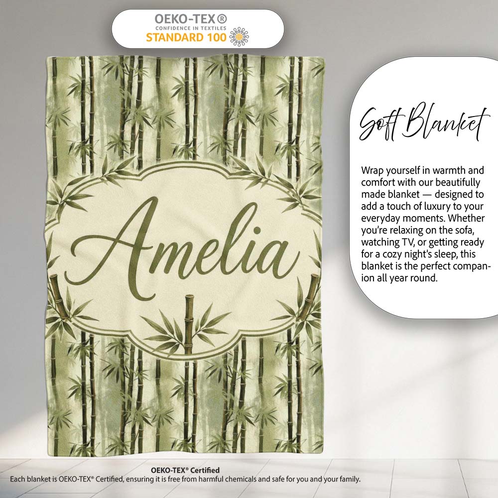 Muted Green Bamboo with Layered Forest Depth Seamless Pattern Lovely Personalised Custom Name Super Soft Fleece Blanket Bed Sofa Throw