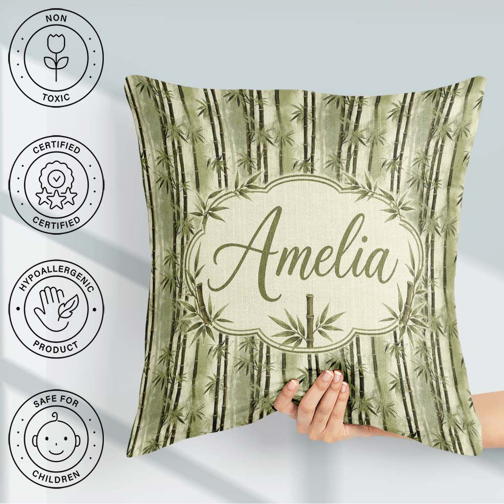 Custom Name Muted Green Bamboo with Layered Forest Depth Pattern Square Filled Cushion Throw Pillow Sofa Bed Home Decor Zip Washable UK Made
