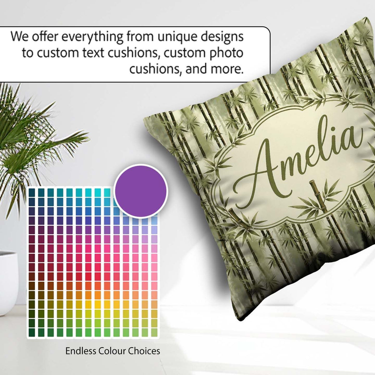 Custom Name Muted Green Bamboo with Layered Forest Depth Pattern Square Filled Cushion Throw Pillow Sofa Bed Home Decor Zip Washable UK Made