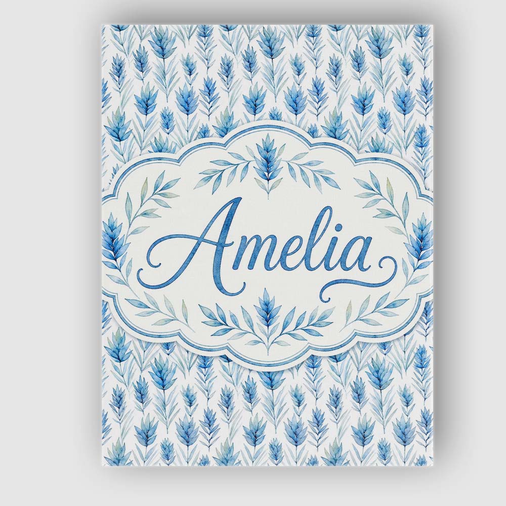Personalised Name Blue Botanical Leaves Custom Modern Room Accent Elegant Feature Canvas Wall Art Print Decor Picture Ready to Hang