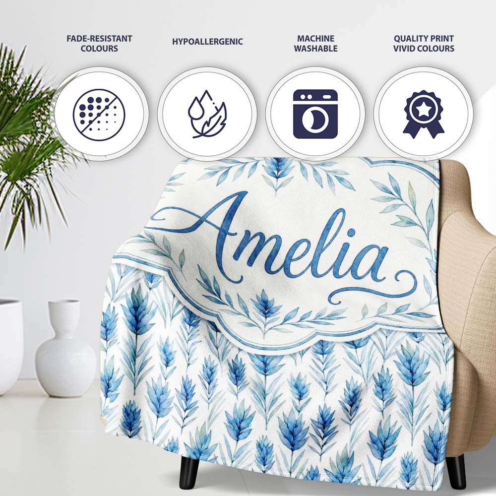 Blue Botanical Leaves Watercolor Floral Seamless Pattern Lovely Personalised Custom Name Super Soft Fleece Blanket Bed Sofa Throw