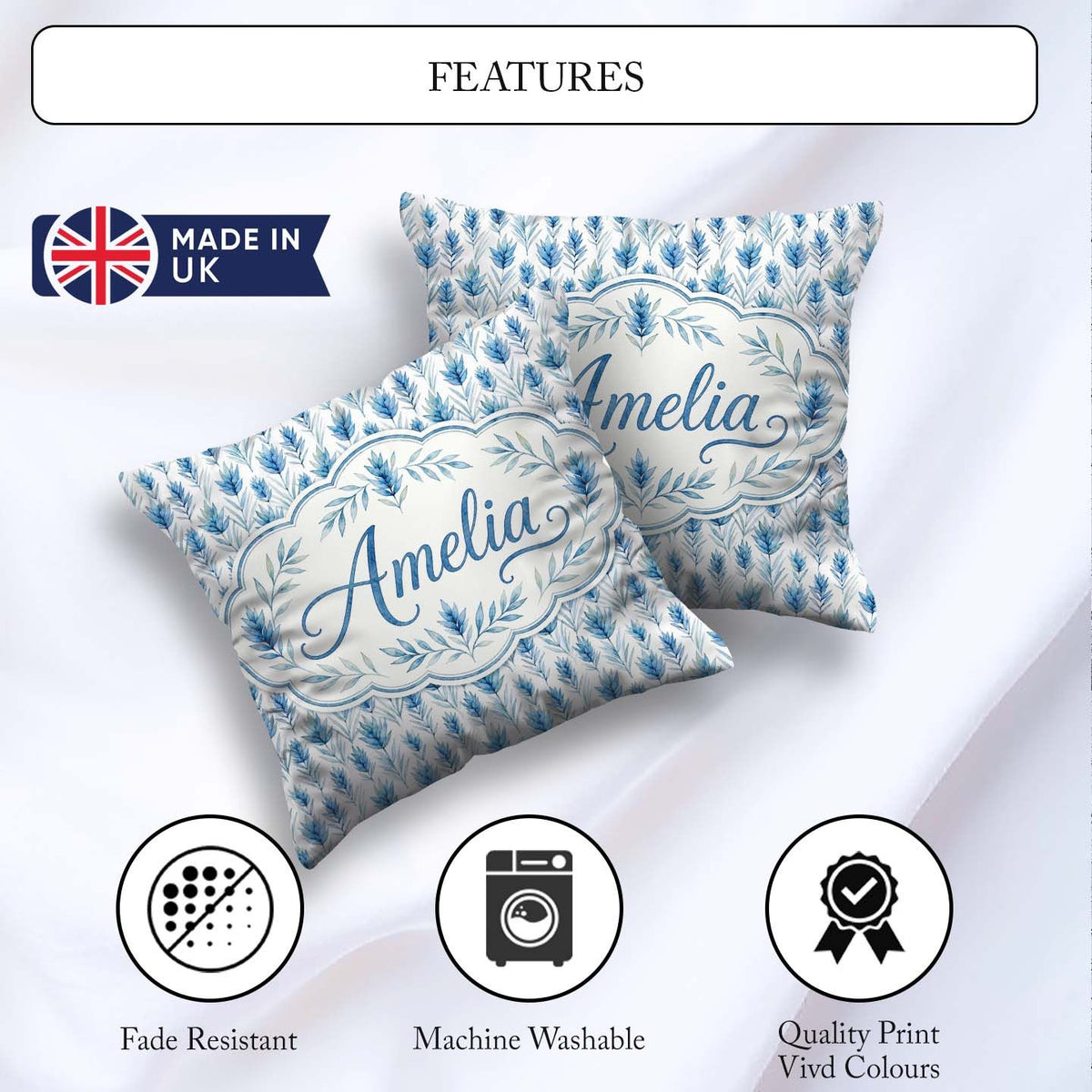 Custom Name Blue Botanical Leaves Floral Seamless Pattern Lovely Square Filled Cushion Throw Pillow Sofa Bed Home Decor Zip Washable UK Made