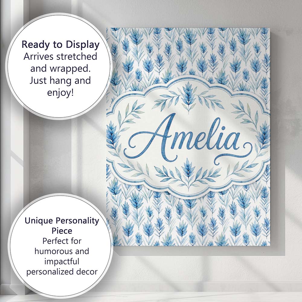 Personalised Name Blue Botanical Leaves Custom Modern Room Accent Elegant Feature Canvas Wall Art Print Decor Picture Ready to Hang