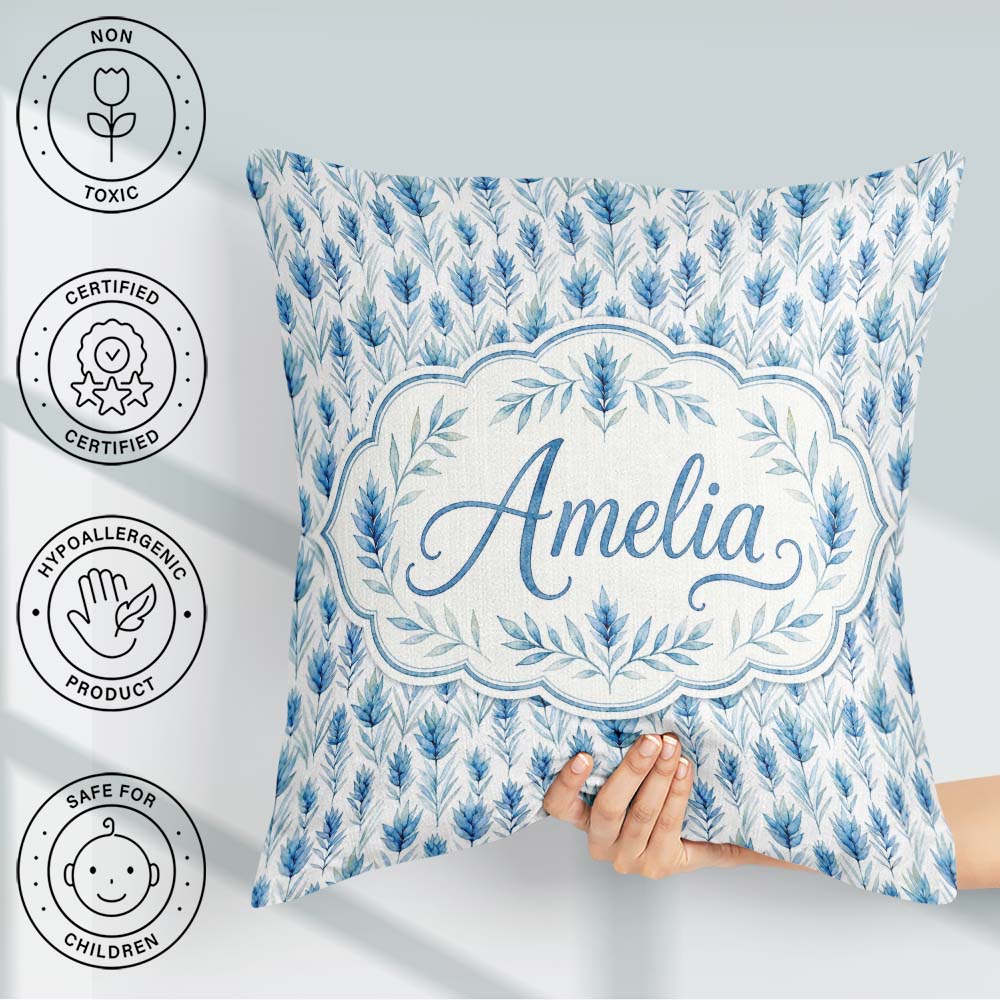 Custom Name Blue Botanical Leaves Floral Seamless Pattern Lovely Square Filled Cushion Throw Pillow Sofa Bed Home Decor Zip Washable UK Made