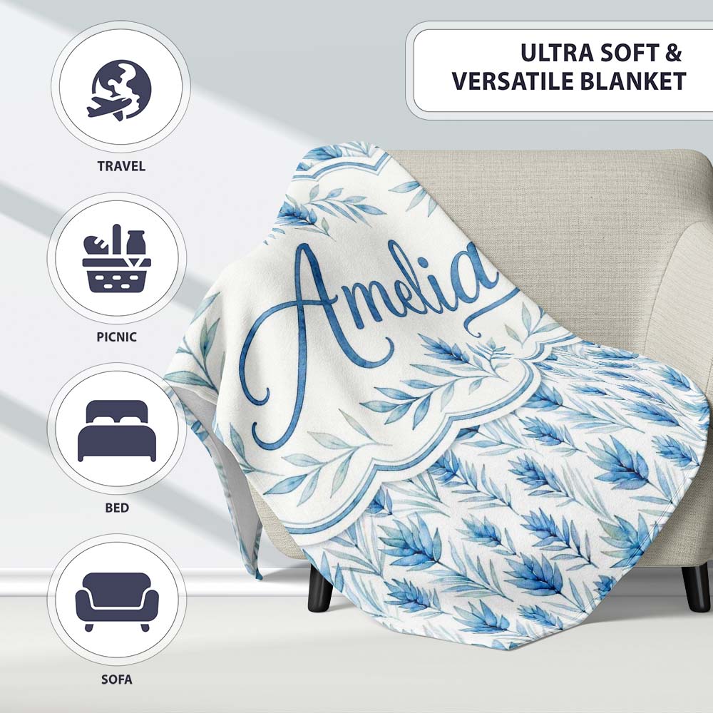 Blue Botanical Leaves Watercolor Floral Seamless Pattern Lovely Personalised Custom Name Super Soft Fleece Blanket Bed Sofa Throw