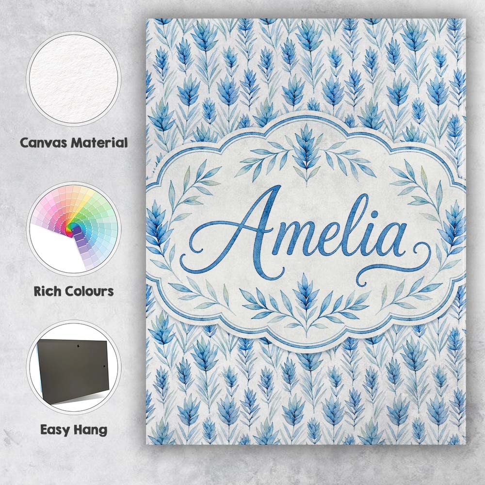 Personalised Name Blue Botanical Leaves Custom Modern Room Accent Elegant Feature Canvas Wall Art Print Decor Picture Ready to Hang