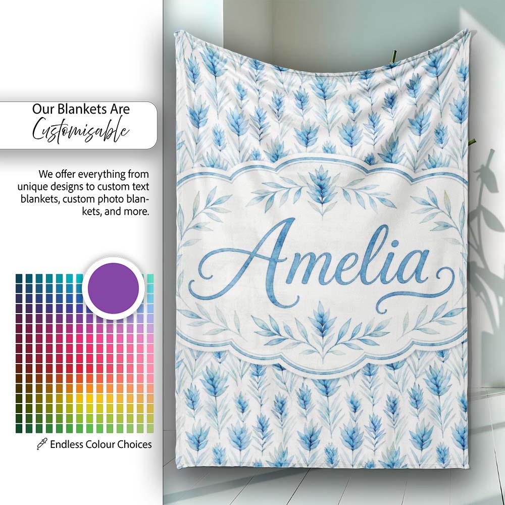 Blue Botanical Leaves Watercolor Floral Seamless Pattern Lovely Personalised Custom Name Super Soft Fleece Blanket Bed Sofa Throw