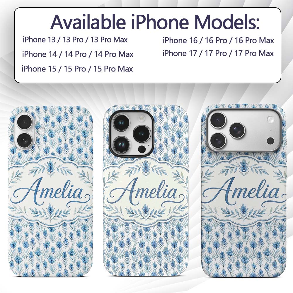 Blue Botanical Leaves Watercolor Floral Seamless Custom Name Protective Phone Case Mobile Cover Durable Everyday Smartphone Shock Resistant