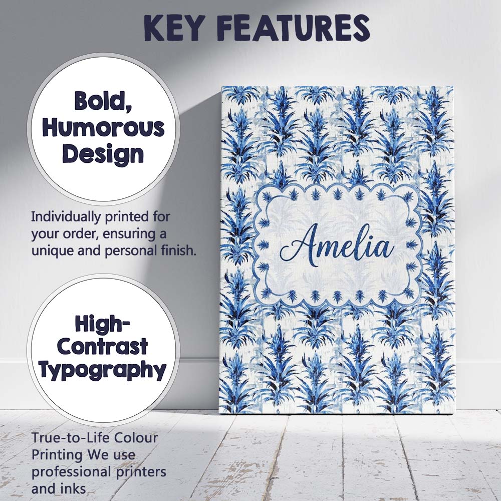 Personalised Name Blue Tropical Botanical Custom Unique Gift Idea Elegant Feature Canvas Wall Art Print Decor Picture Ready to Hang