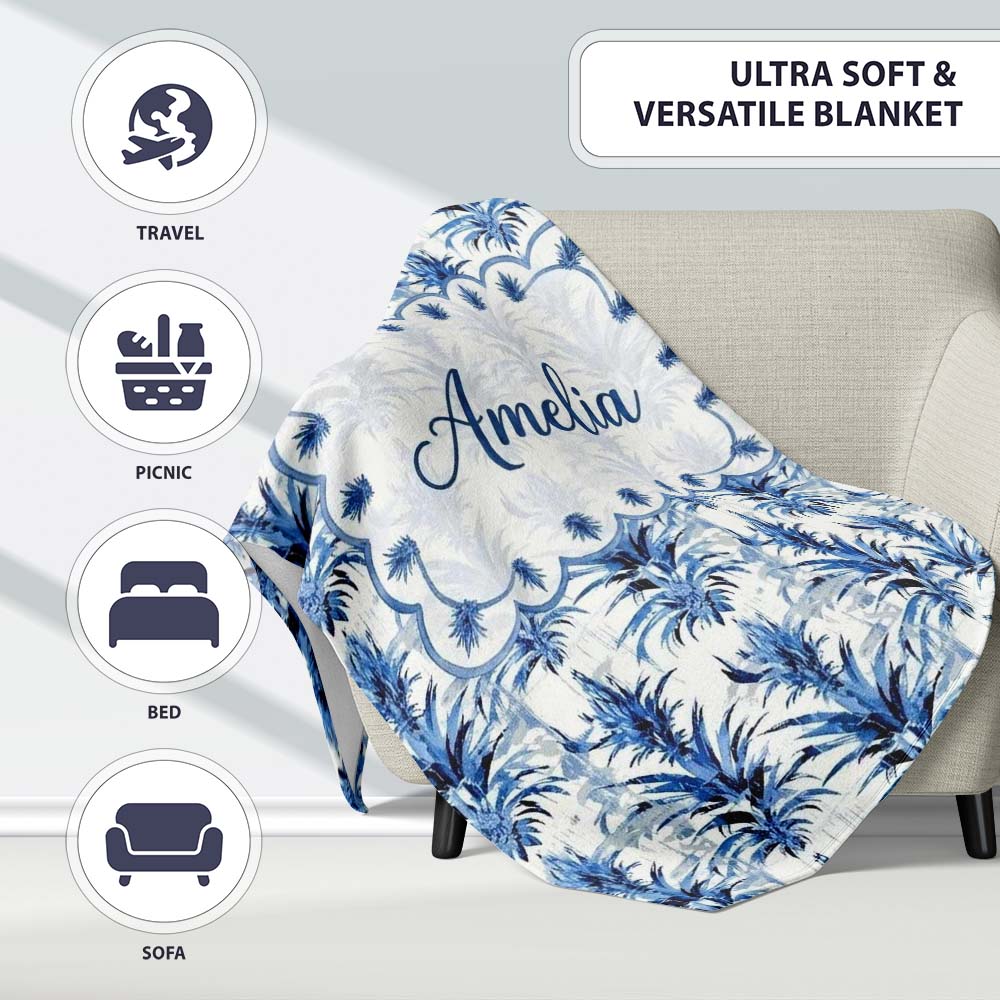 Blue Tropical Botanical Grunge Texture Seamless Pattern Lovely Personalised Custom Name Super Soft Fleece Blanket Bed Sofa Throw