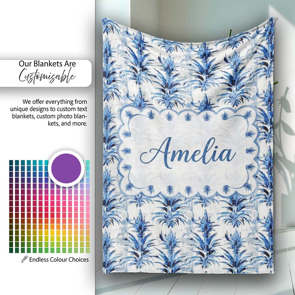 Blue Tropical Botanical Grunge Texture Seamless Pattern Lovely Personalised Custom Name Super Soft Fleece Blanket Bed Sofa Throw