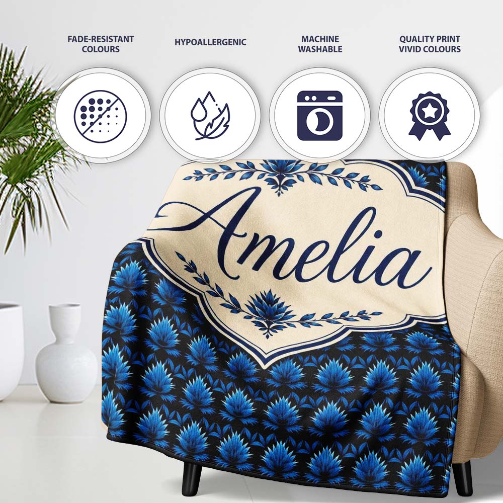 Dark Blue Lotus Flower Repeat Seamless Pattern Beautiful Coffee Cup Personalised Custom Name Super Soft Fleece Blanket Bed Sofa Throw
