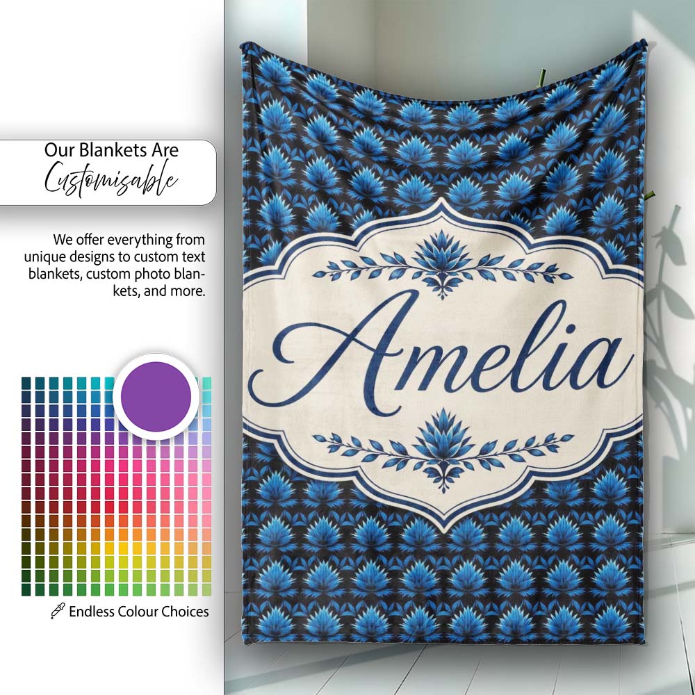 Dark Blue Lotus Flower Repeat Seamless Pattern Beautiful Coffee Cup Personalised Custom Name Super Soft Fleece Blanket Bed Sofa Throw