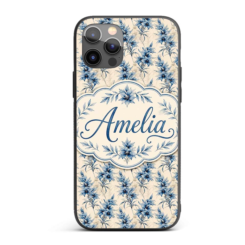 Elegant Blue Floral Vintage Botanical Seamless Custom Name Protective Phone Case Mobile Cover Durable Everyday Smartphone Shock Resistant