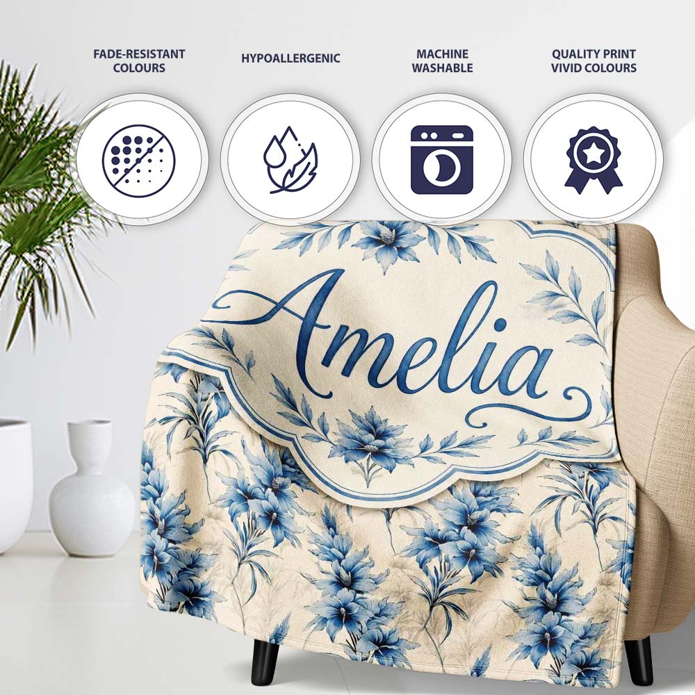 Elegant Blue Floral Vintage Botanical Seamless Pattern Lovely Personalised Custom Name Super Soft Fleece Blanket Bed Sofa Throw