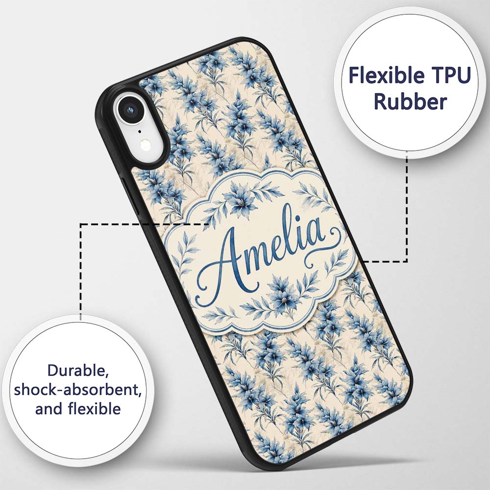 Elegant Blue Floral Vintage Botanical Seamless Custom Name Protective Phone Case Mobile Cover Durable Everyday Smartphone Shock Resistant