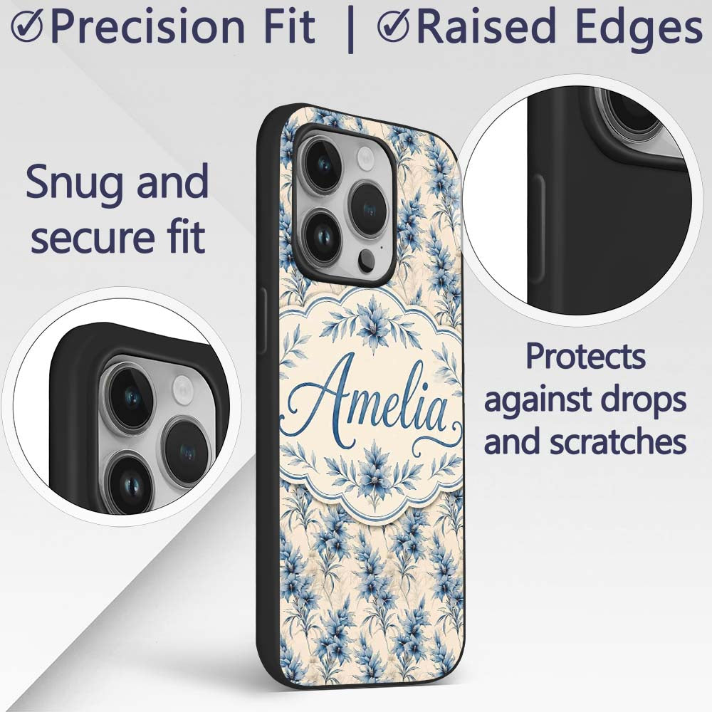 Elegant Blue Floral Vintage Botanical Seamless Custom Name Protective Phone Case Mobile Cover Durable Everyday Smartphone Shock Resistant