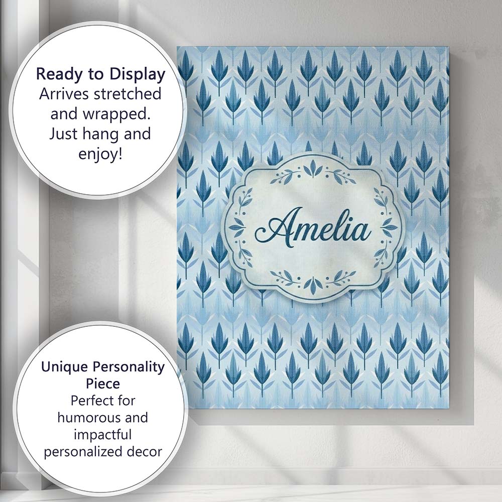 Personalised Name Soft Blue Leaf Minimal Custom Unique Gift Idea Elegant Feature Canvas Wall Art Print Decor Picture Ready to Hang