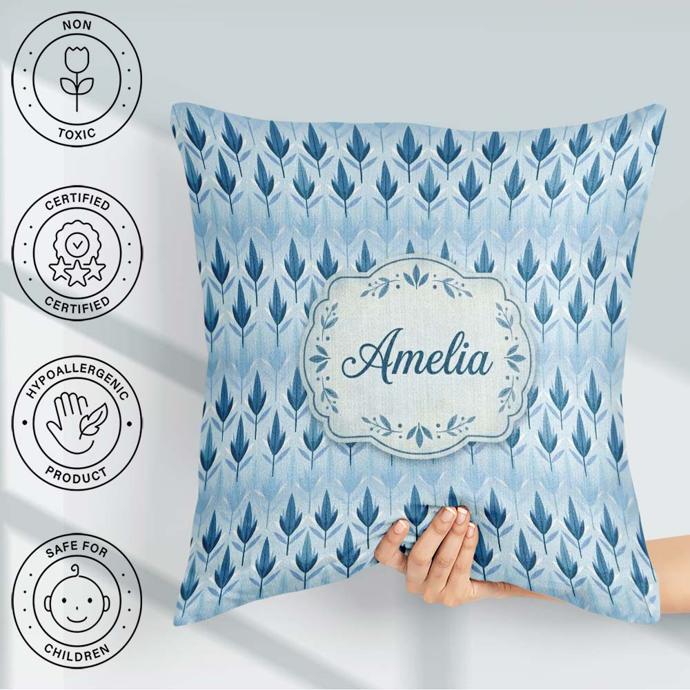 Custom Name Soft Blue Leaf Minimal Modern Seamless Pattern for Square Filled Cushion Throw Pillow Sofa Bed Home Decor Zip Washable UK Made