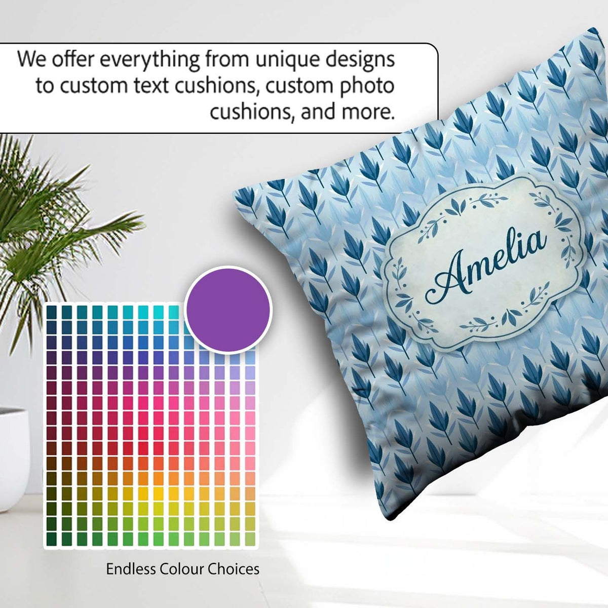 Custom Name Soft Blue Leaf Minimal Modern Seamless Pattern for Square Filled Cushion Throw Pillow Sofa Bed Home Decor Zip Washable UK Made